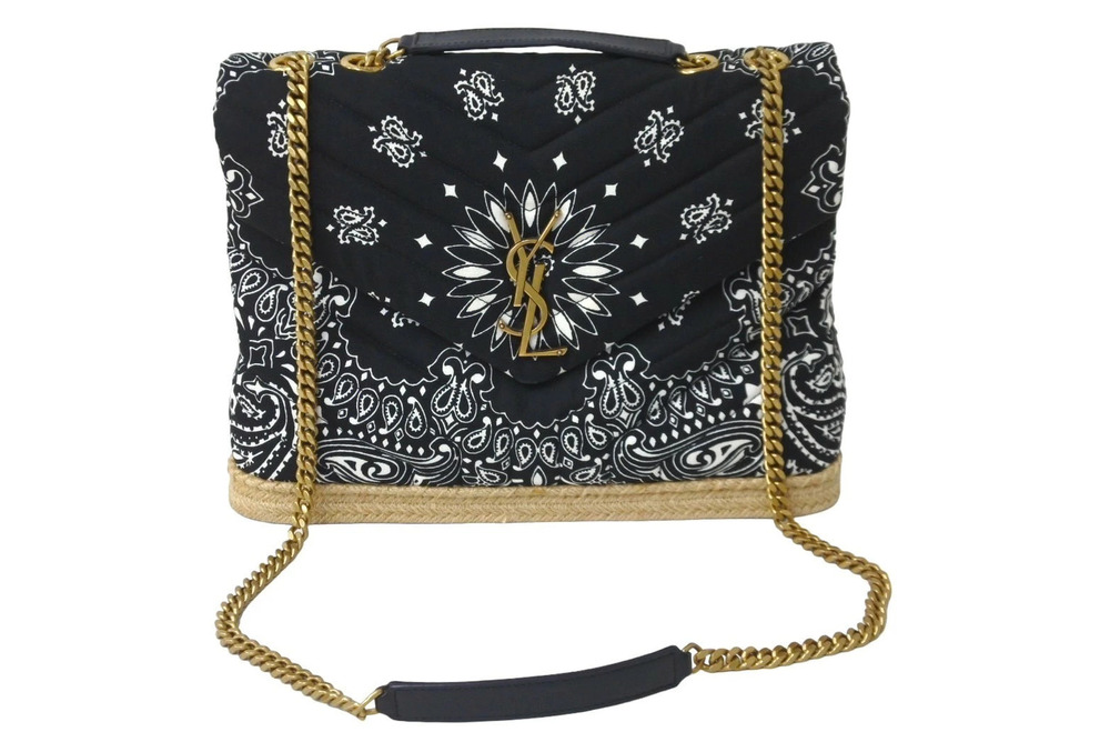 Saint Laurent Lulu Chain Paisley Espadrilles Leather Shoulder Bag Black